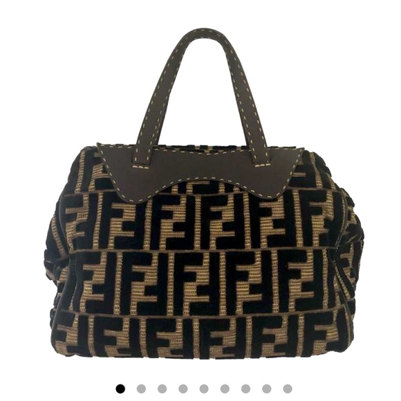 Fendi - W/Logo Tan & Black Velvet Fabric Satchel